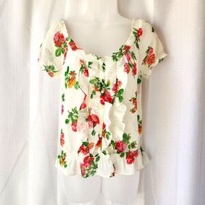 Hollister Lightweight Ruffled Sheer Floral Cap Sleeve Blouse Top Size XS